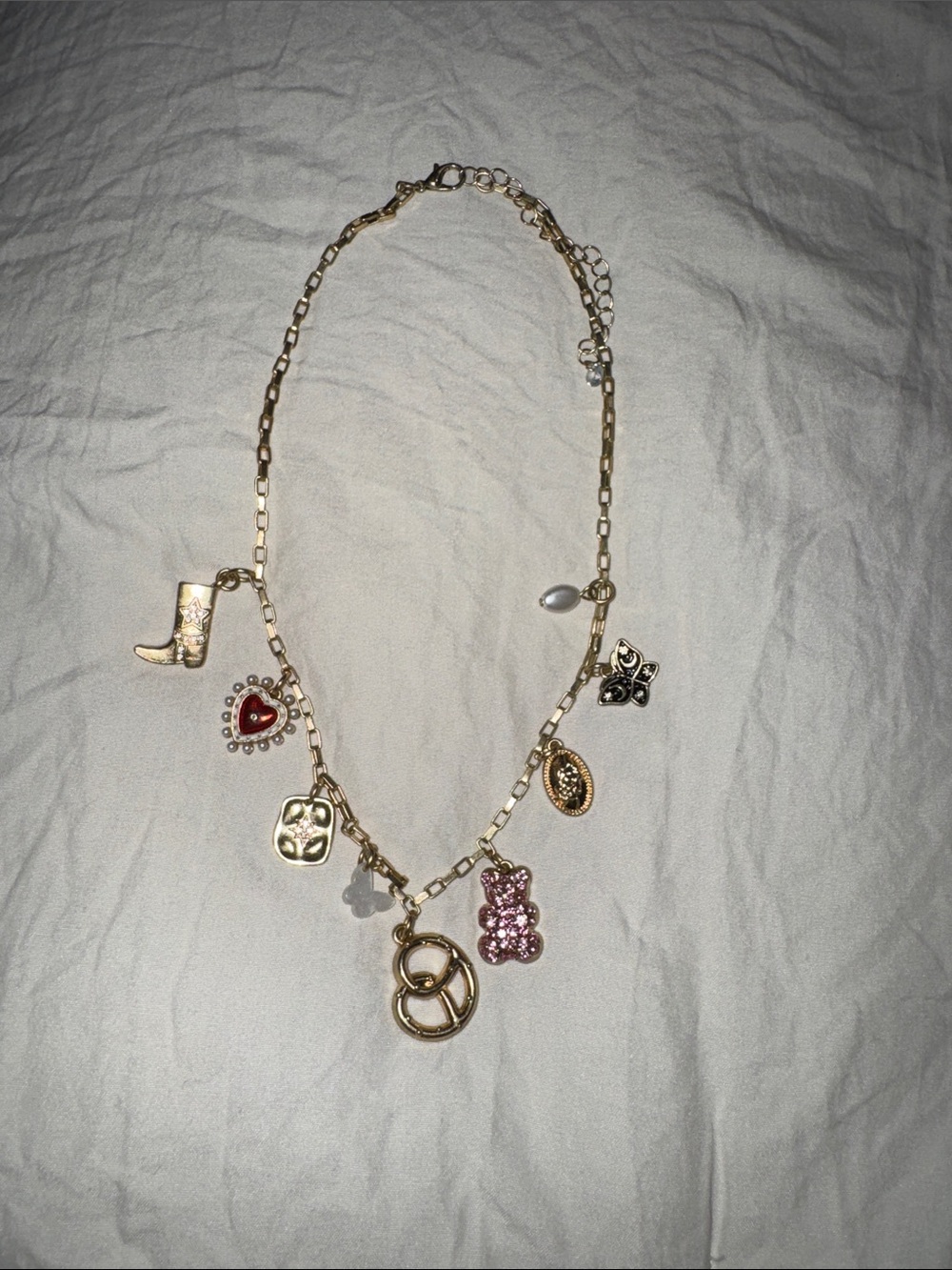 Gold Charm Pendant Necklace with Pink Gummy Bear and Red Heart Accents